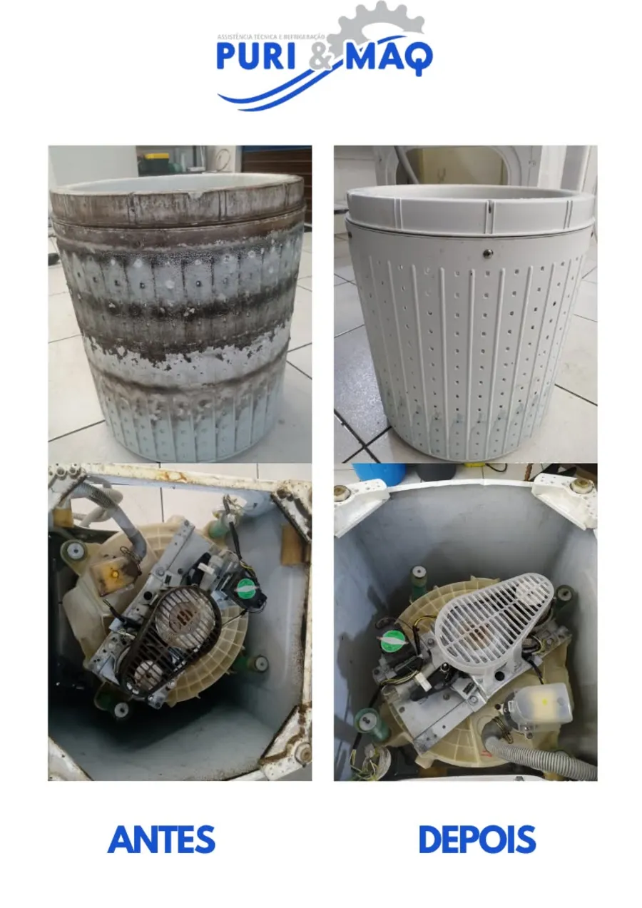 Lavadora antes e depois da revisão, com cesto e conjunto mecânico limpos